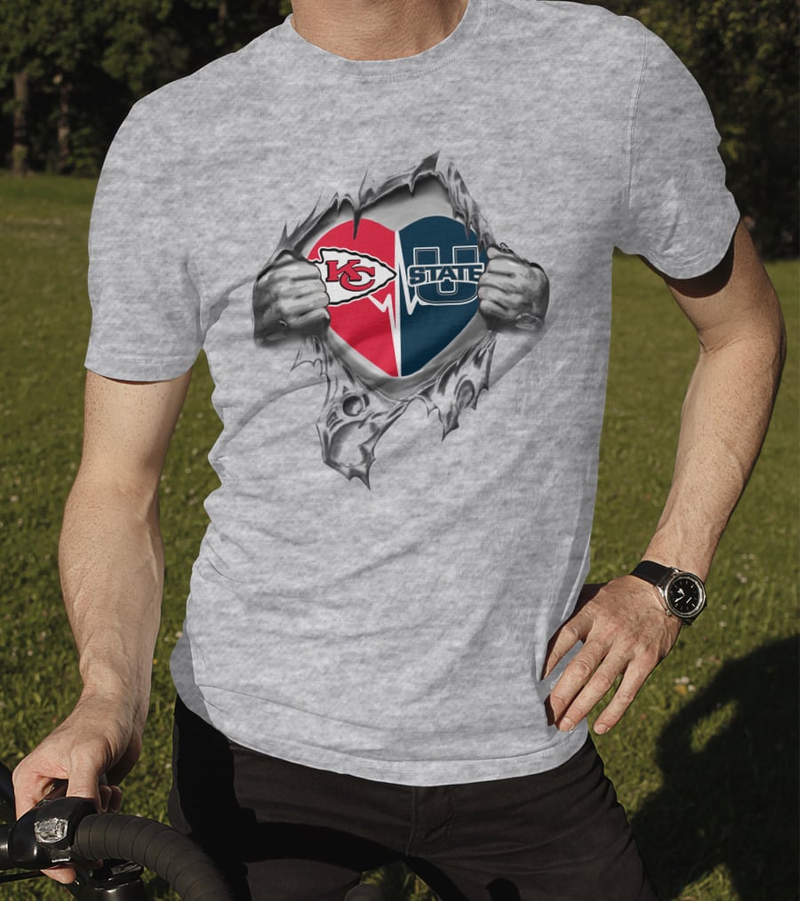 Chiefs Utah State Aggies Heart Logo Inside Torn Ripped T-Shirt