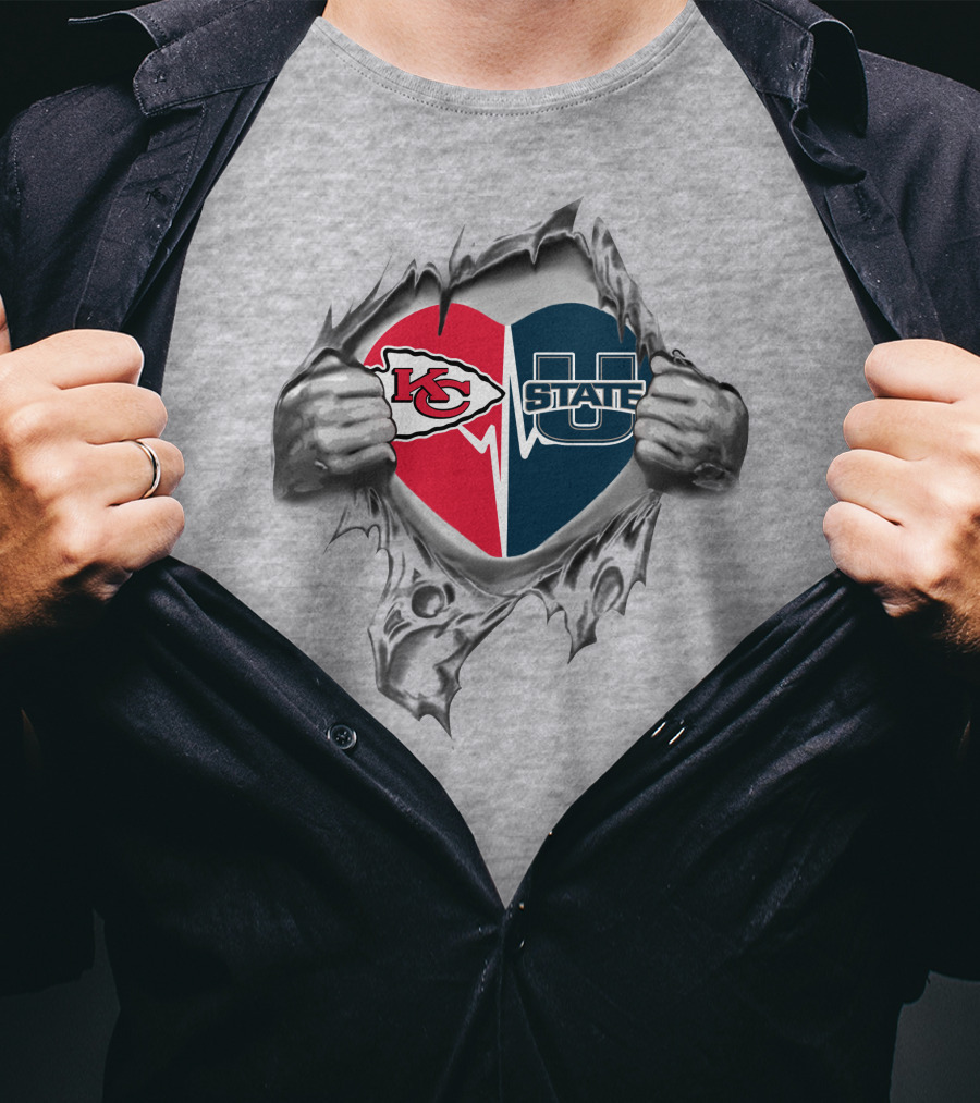 Chiefs Utah State Aggies Heart Logo Inside Torn Ripped T-Shirt