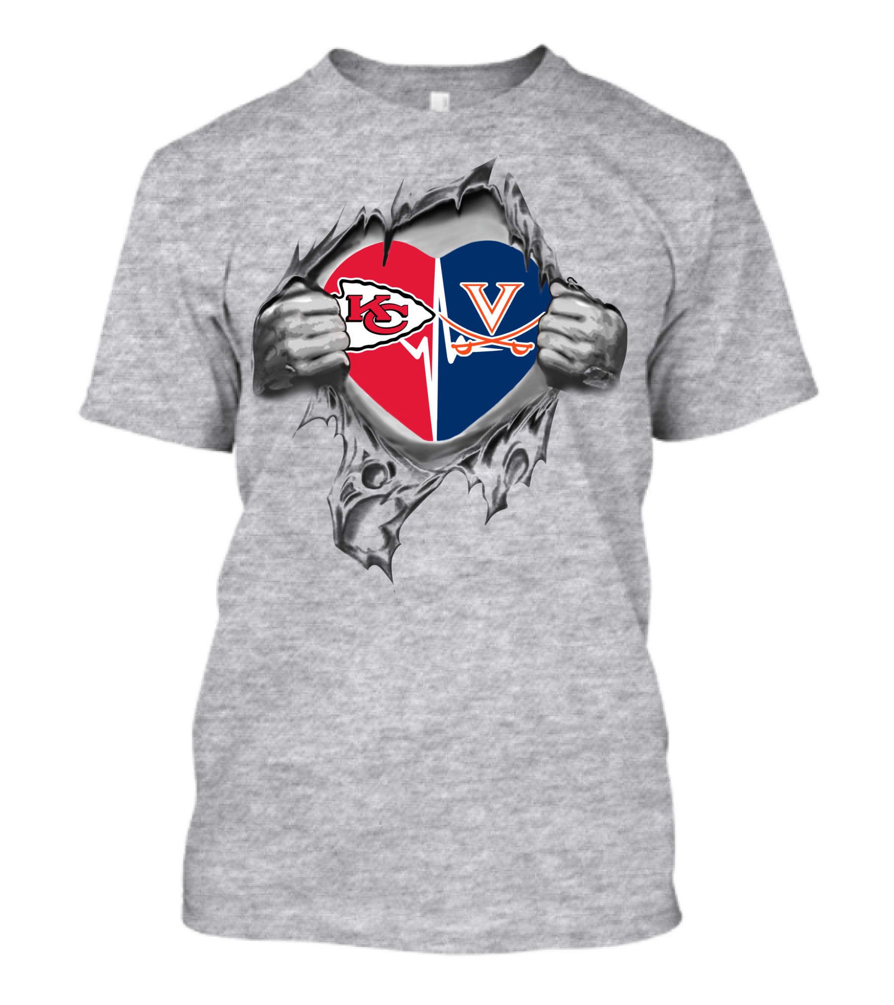 Chiefs Virginia Cavaliers Heart Design With Torn Fabric Style T-Shirt