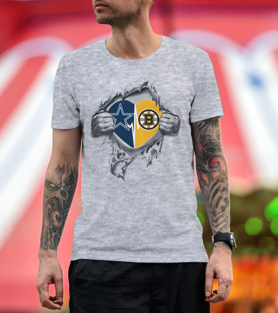 Cowboys Boston Bruins Heart Design Featuring Team Logos In Ripped Effect T-Shirt