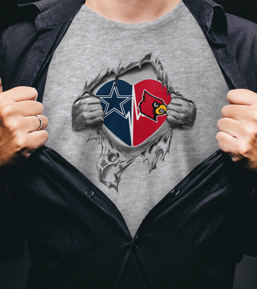 Cowboys And Louisville Cardinals Heart Design With Star And Cardinal Logos T-Shirt