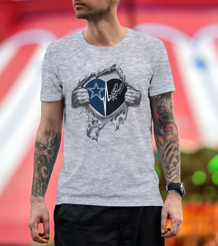 Cowboys San Antonio Spurs Heart Design With Torn Fabric And Holding Hands T-Shirt