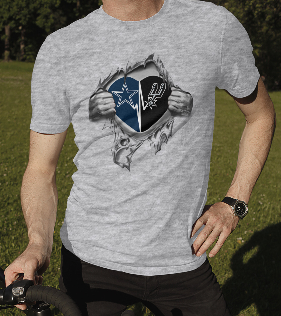 Cowboys San Antonio Spurs Heart Design With Torn Fabric And Holding Hands T-Shirt