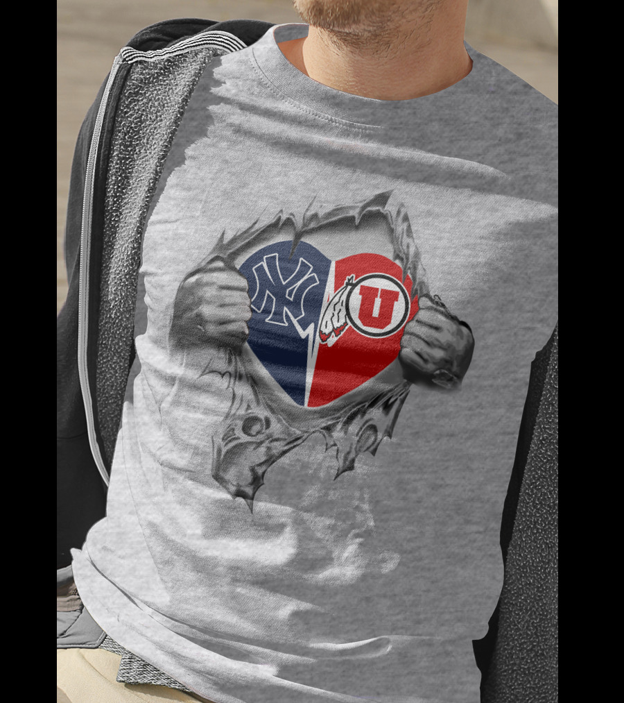 Yankees Utes Heart Symbol With Baseball And College Sports Logos T-Shirt