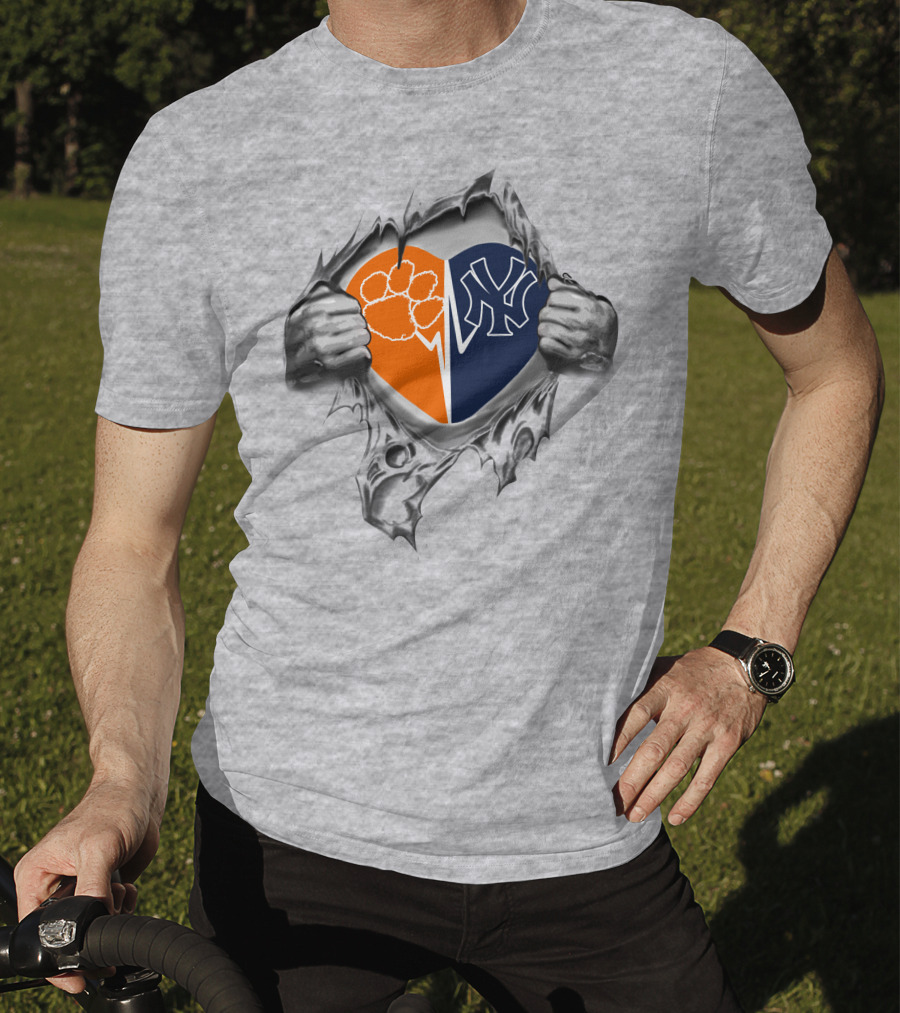 Yankees Clemson Tigers Heart Split Logos Peeking Through Ripped Exterior T-Shirt