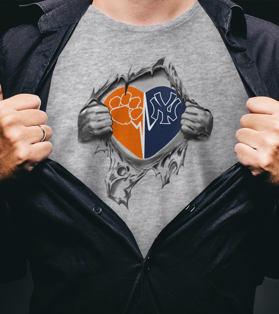 Yankees Clemson Tigers Heart Split Logos Peeking Through Ripped Exterior T-Shirt