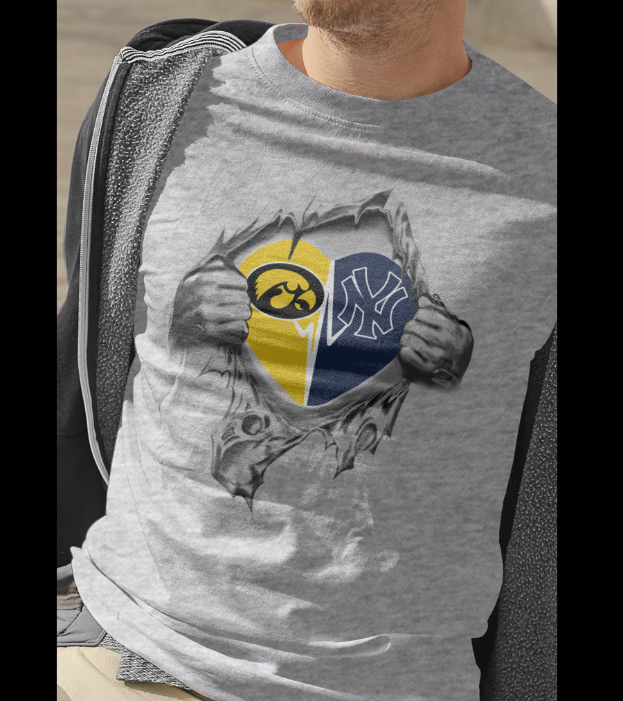 Yankees Hawkeyes Heart Design Featuring Iowa And New York Logos T-Shirt