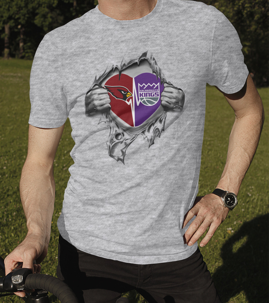 Cardinals Sacramento Kings Heart With Logos Tearing Through Gray T-Shirt