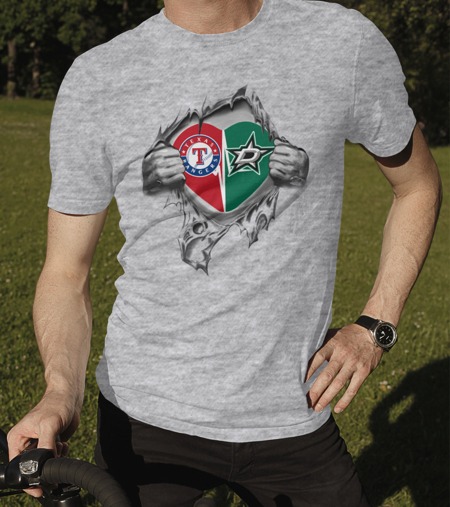 Texas Rangers Dallas Stars Heart Logo Peeking Through T-Shirt