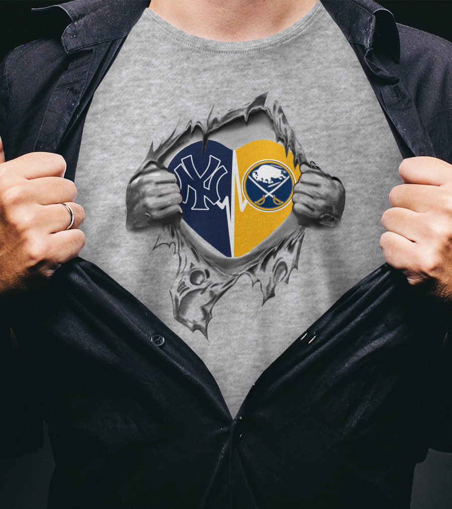 Yankees Buffalo Sabres Heart Design With Split Logo And Torn T-Shirt