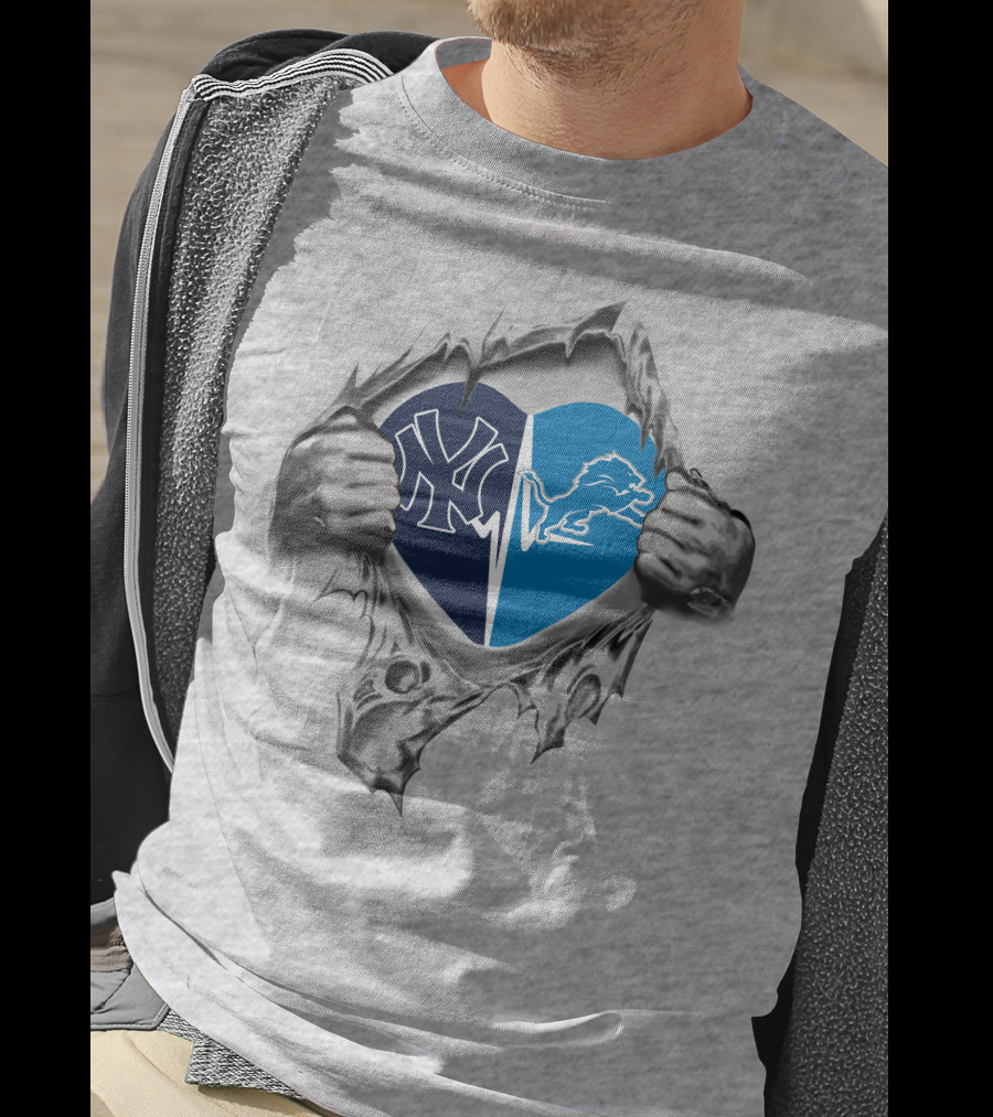 Yankees Detroit Lions Split Heart Emblem In Torn Grey Fabric T-Shirt
