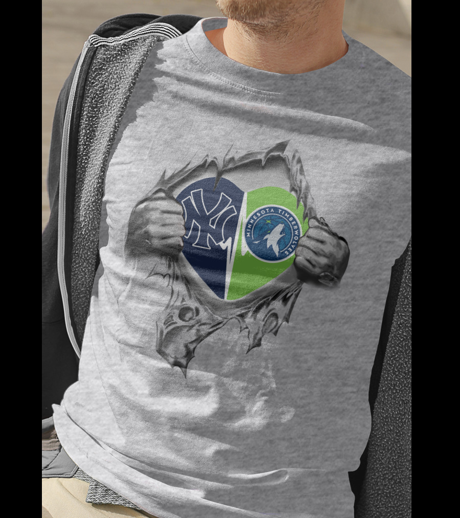 New York Yankees Minnesota Timberwolves Heart Logo Torn T-Shirt