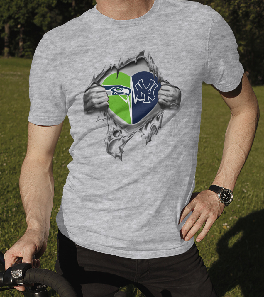 Yankees Seattle Seahawks Heart Passion Dual Allegiance T-Shirt
