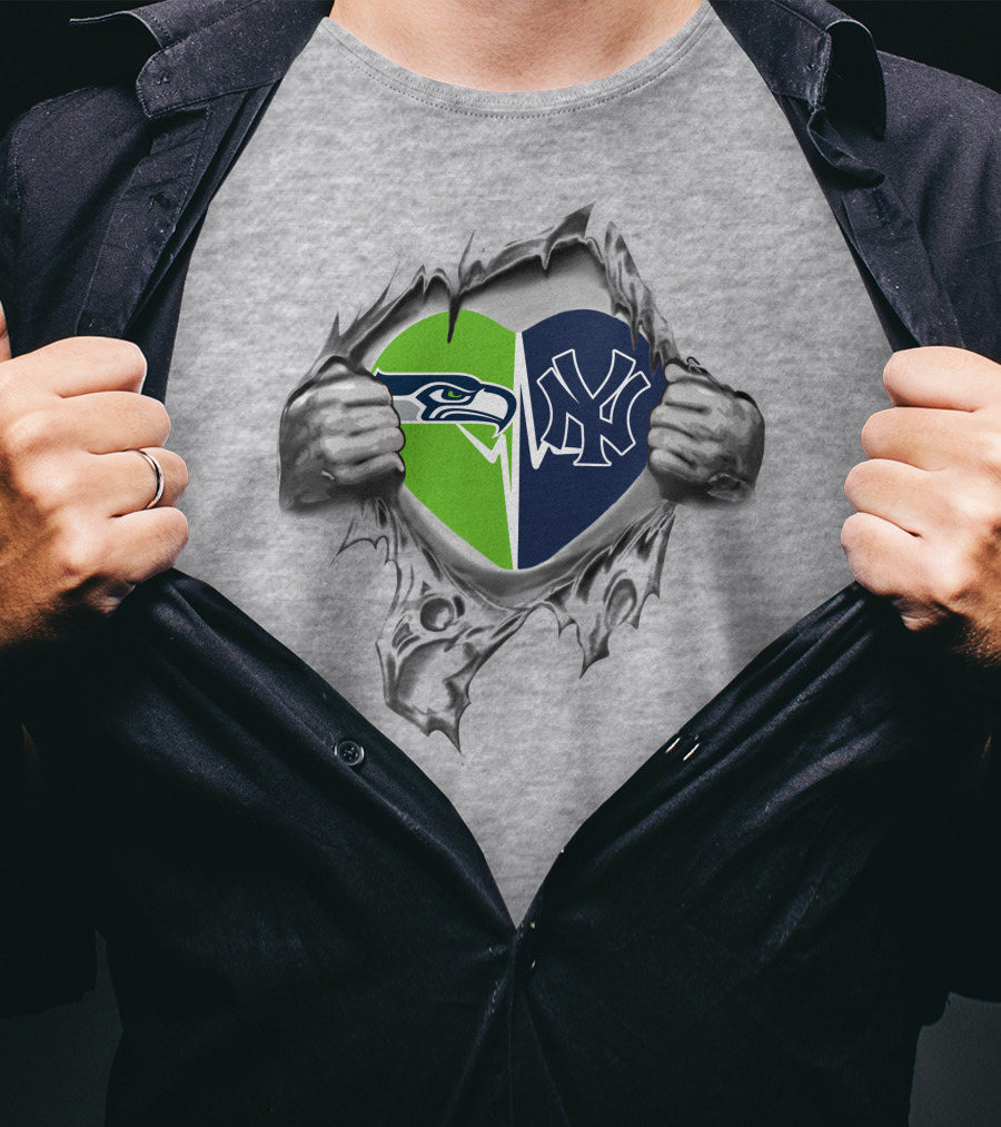 Yankees Seattle Seahawks Heart Passion Dual Allegiance T-Shirt