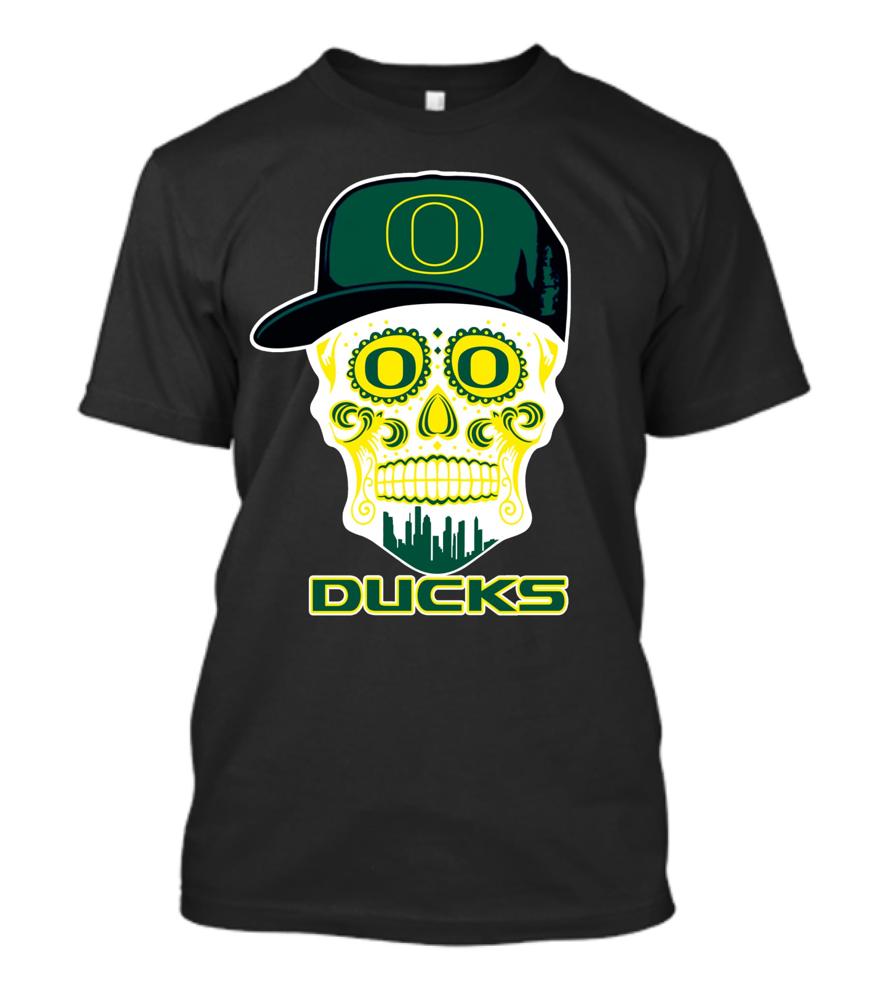 Oregon Ducks Skull With Hat And Cityscape T-Shirt