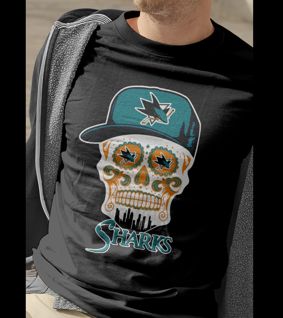 San Jose Sharks Sugar Skull Logo With Hat And City Skyline T-Shirt
