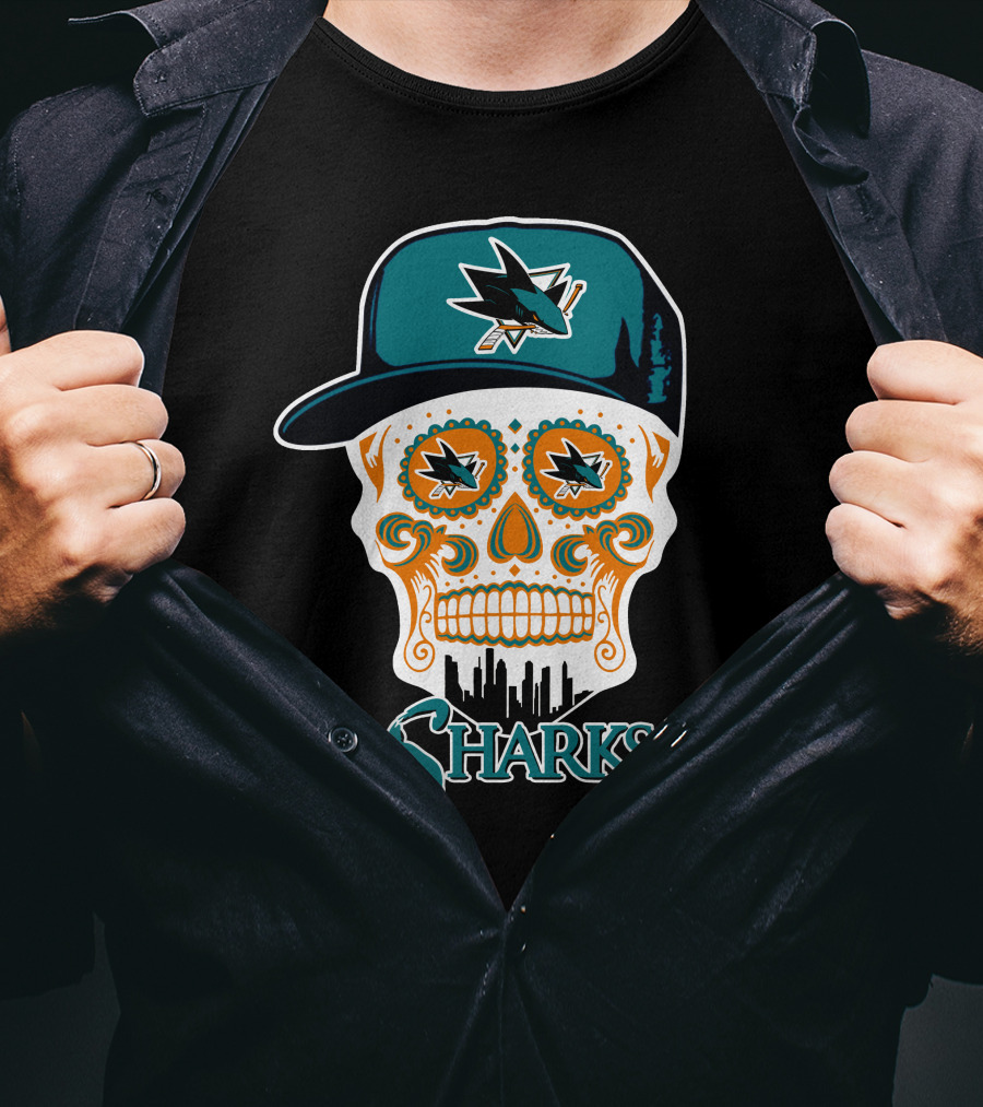 San Jose Sharks Sugar Skull Logo With Hat And City Skyline T-Shirt