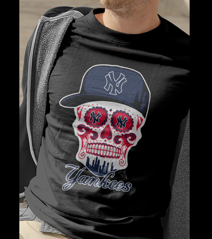 New York Yankees Skull Cap Design With Bold Logo And Cityscape Motif T-Shirt