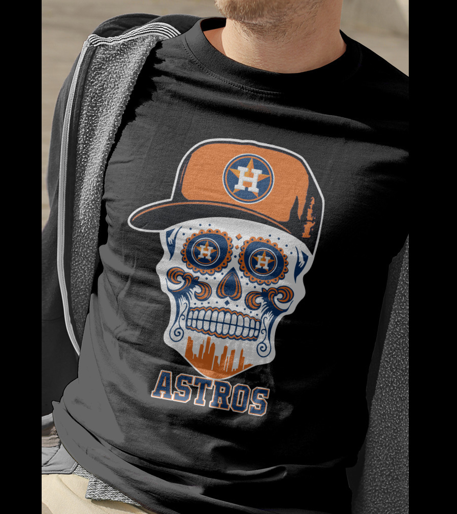 Astros Skull With Cap And Houston Skyline Motif T-Shirt