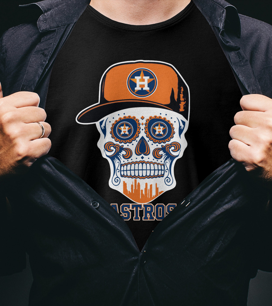 Astros Skull With Cap And Houston Skyline Motif T-Shirt