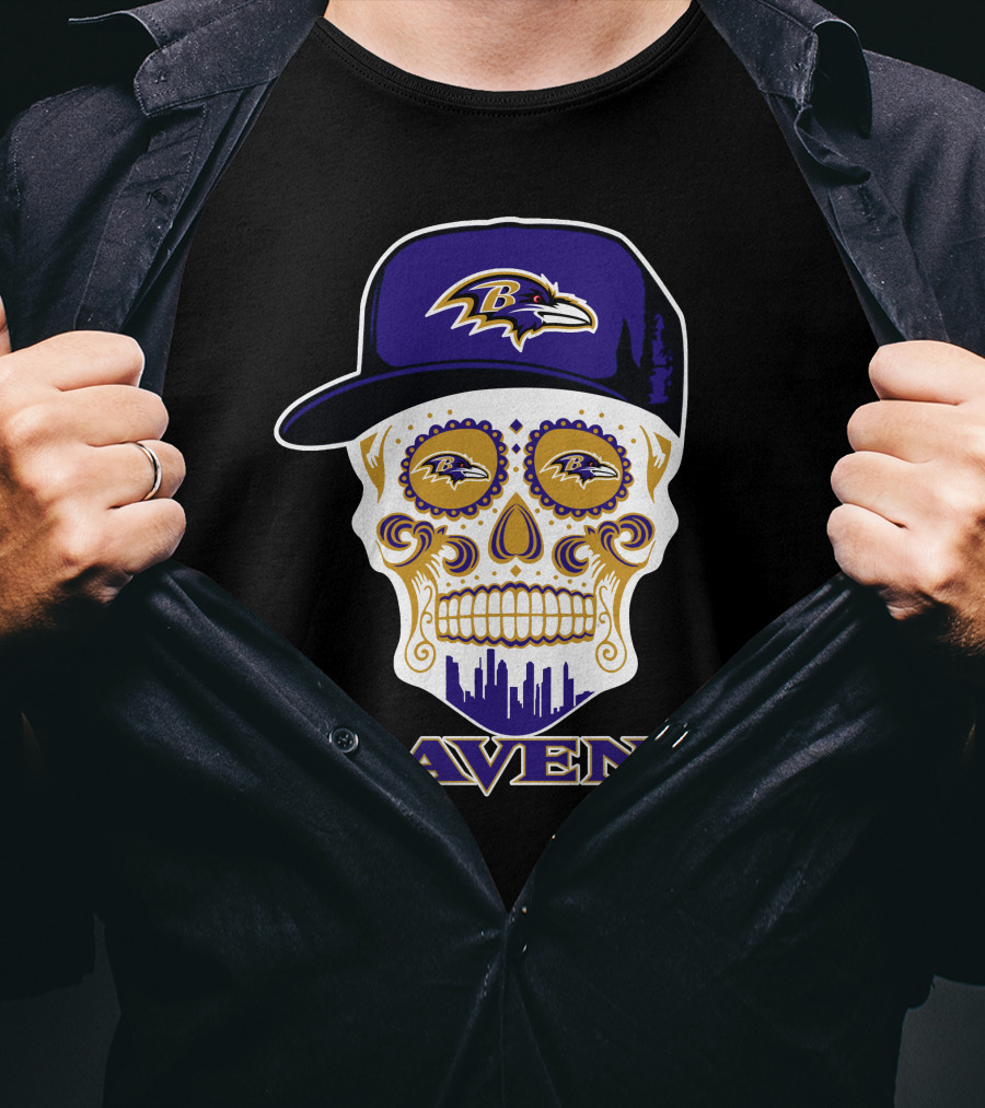 Baltimore Ravens Skull With Cap And Logo Elements T-Shirt