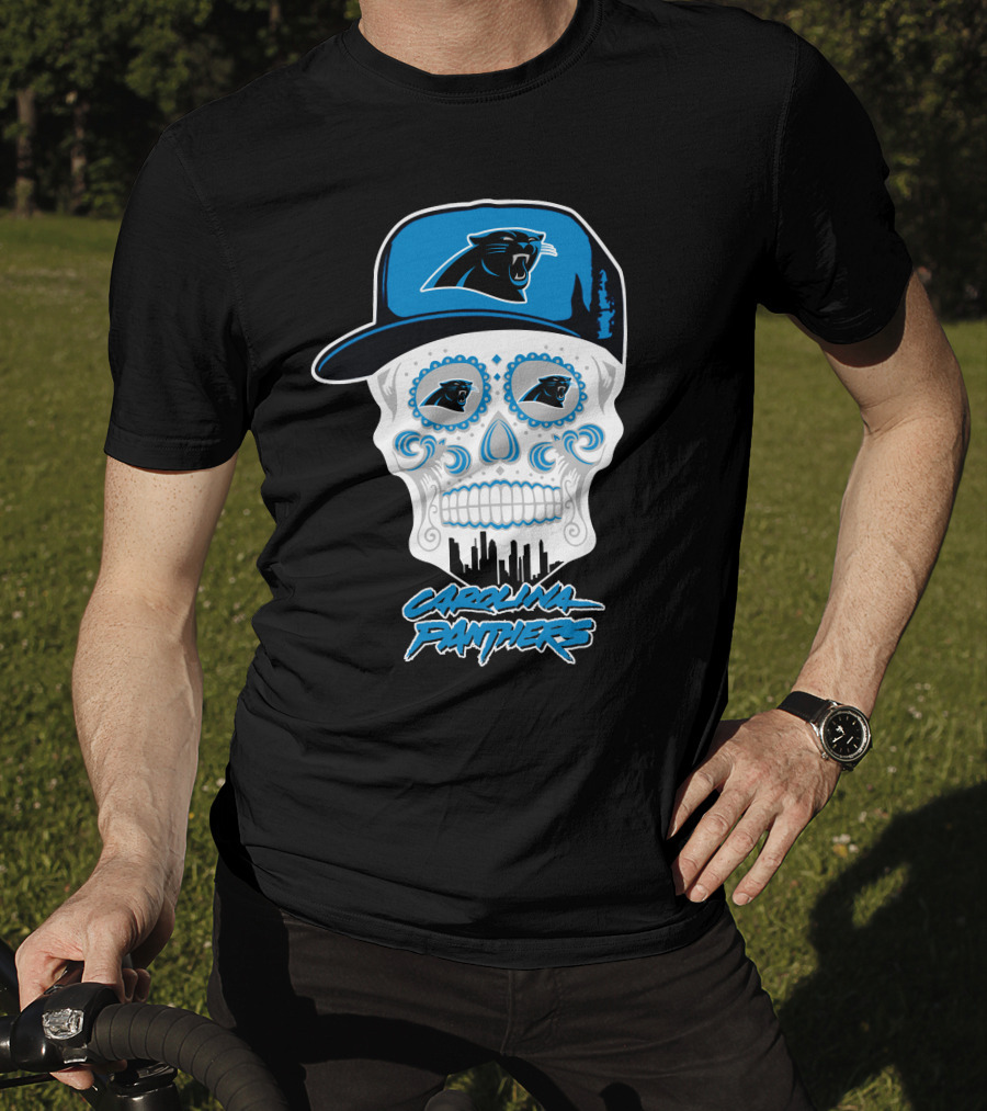 Carolina Panthers Skull With Hat And Skyline T-Shirt