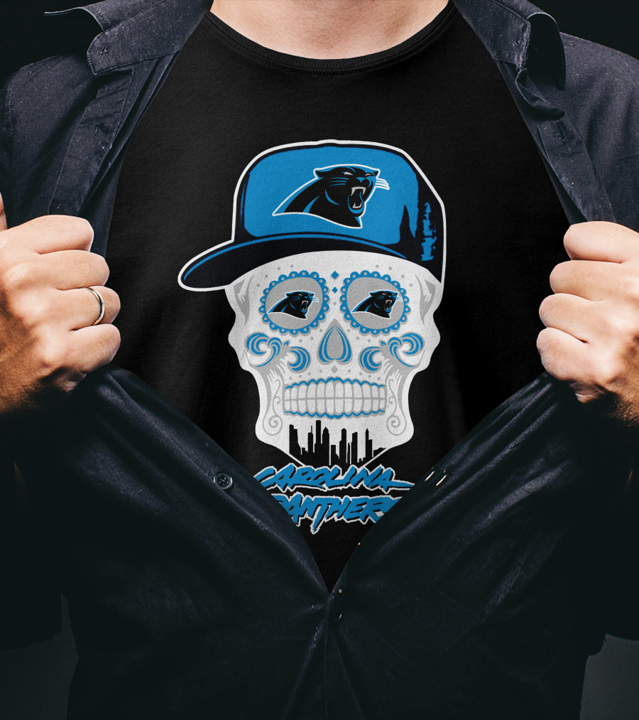Carolina Panthers Skull With Hat And Skyline T-Shirt