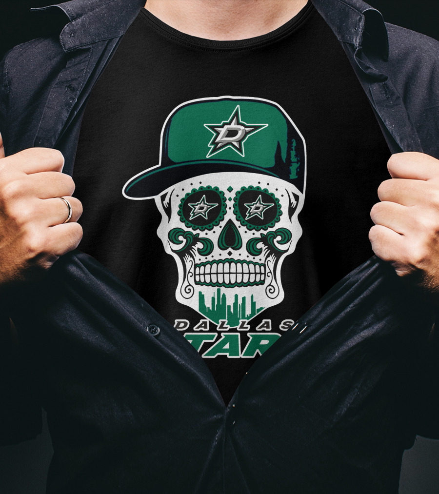 Dallas Stars Skull Dia De Los Muertos Baseball Cap T-Shirt