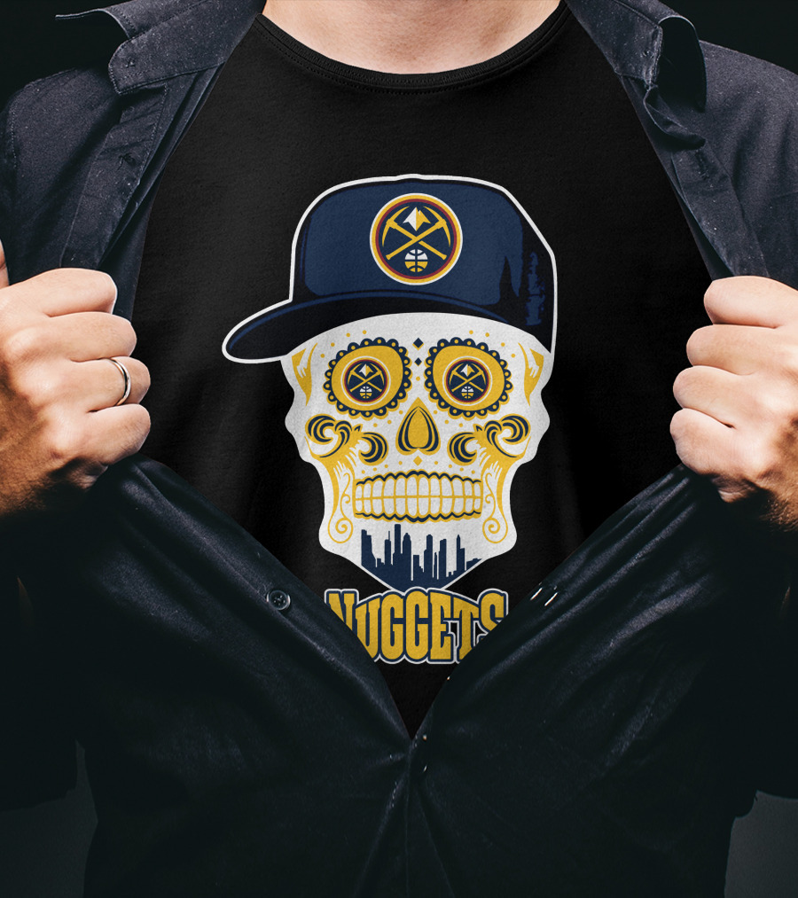Denver Nuggets Skull Design With Cap And City Silhouette T-Shirt