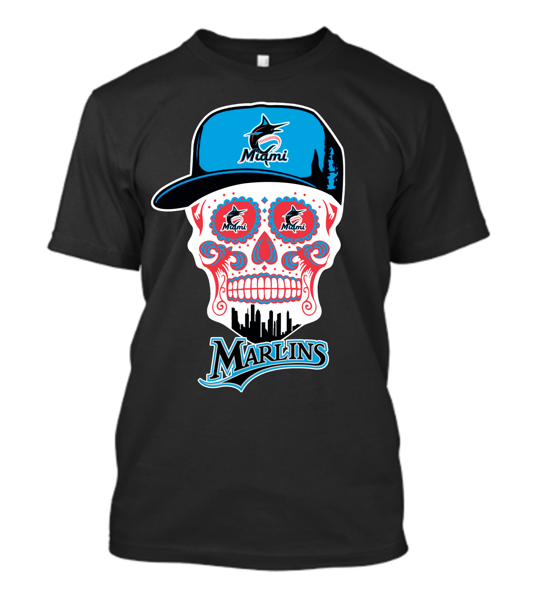 Miami Marlins Skull With Cap And Cityscape Motif T-Shirt