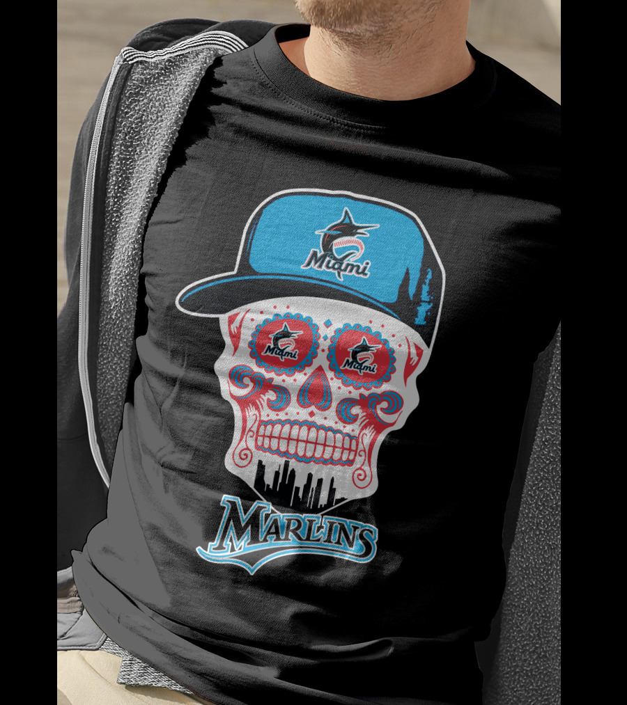 Miami Marlins Skull With Cap And Cityscape Motif T-Shirt