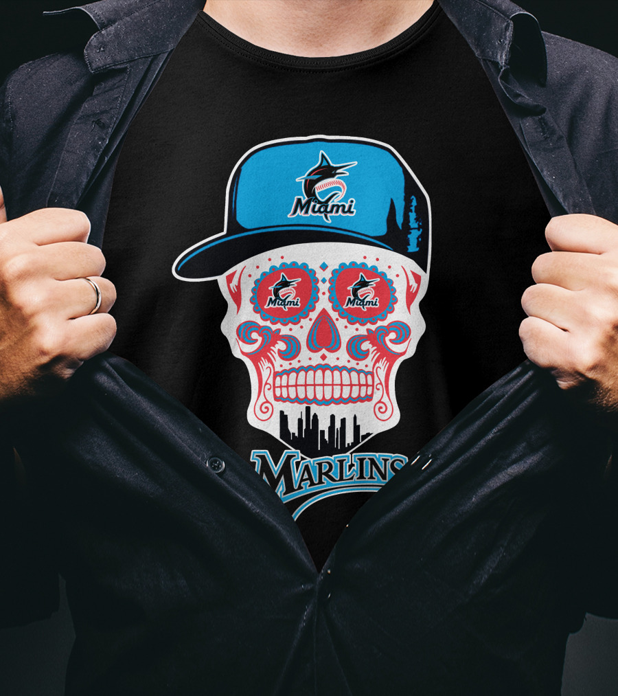 Miami Marlins Skull With Cap And Cityscape Motif T-Shirt
