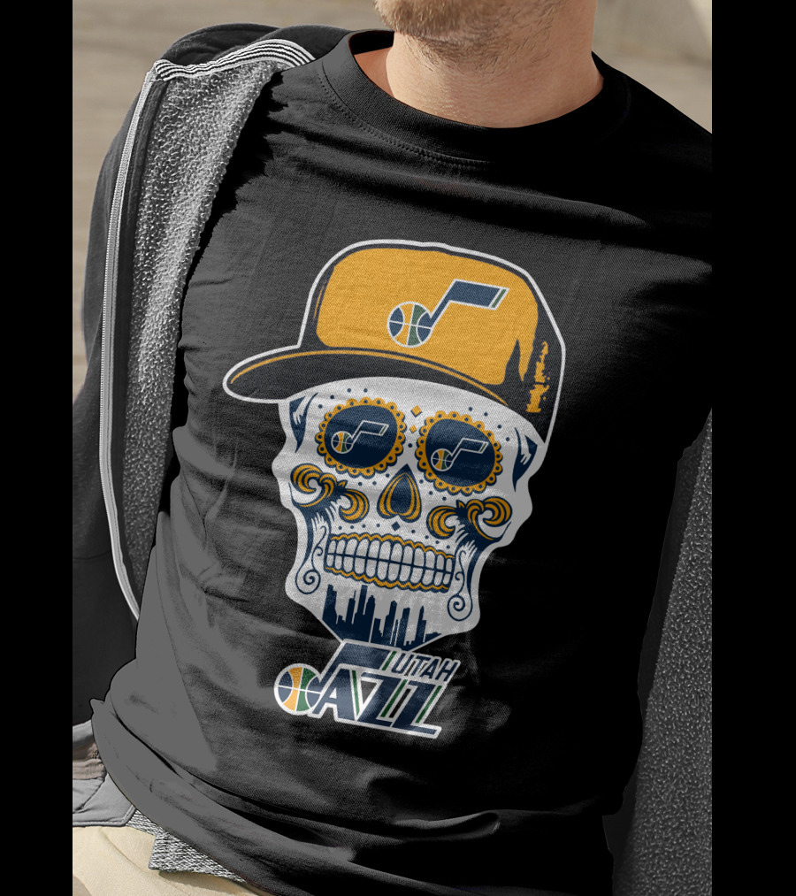 Utah Jazz Skull With City Skyline And Jazz Logo Cap T-Shirt