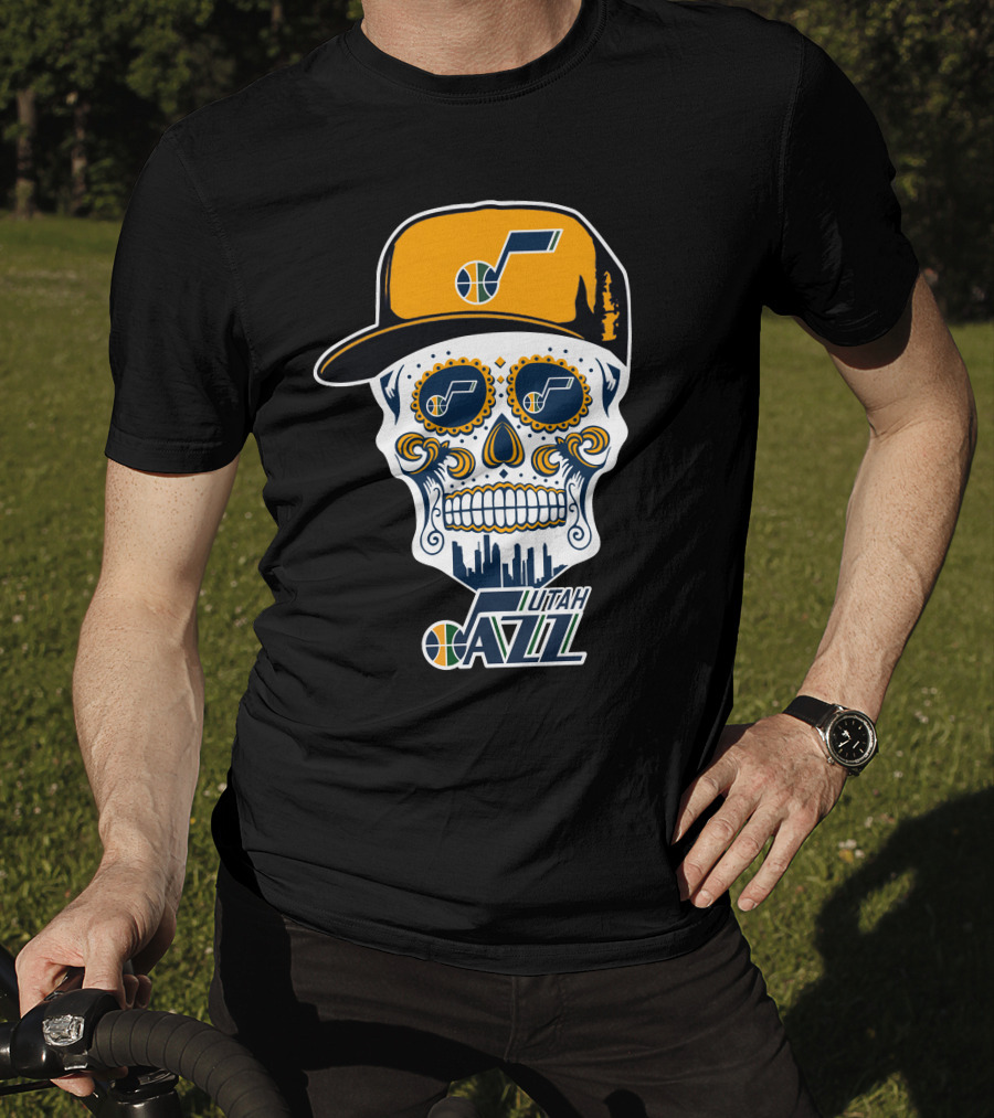 Utah Jazz Skull With City Skyline And Jazz Logo Cap T-Shirt