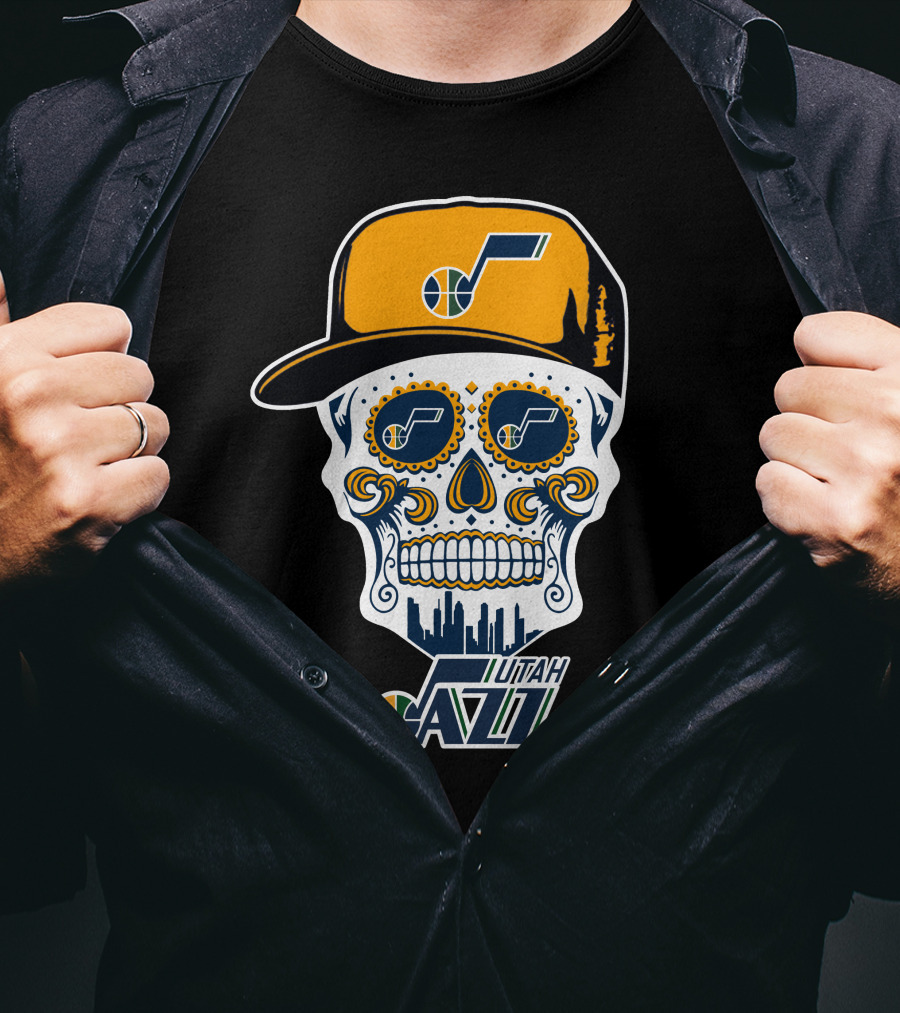 Utah Jazz Skull With City Skyline And Jazz Logo Cap T-Shirt
