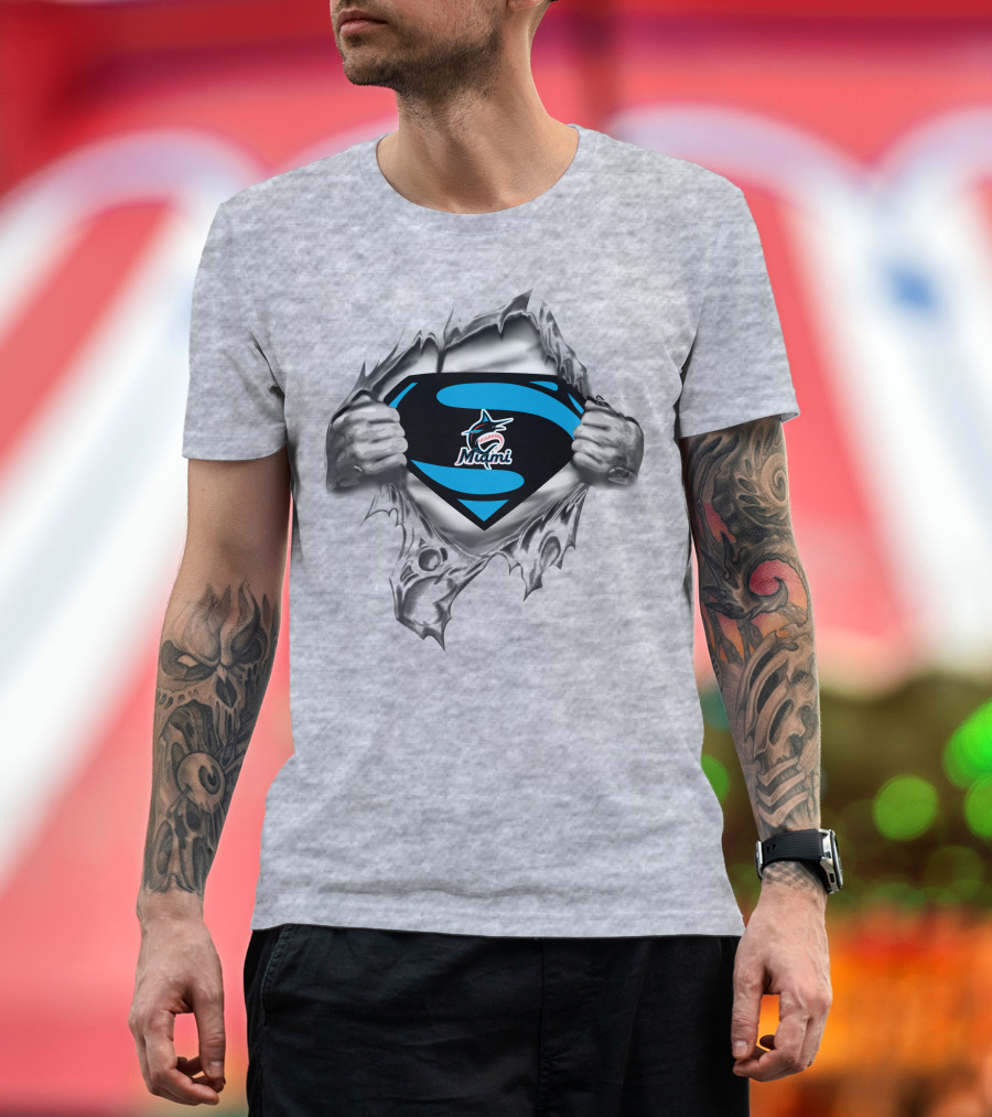 Miami Marlins Superman Emblem With Torn Fabric T-Shirt