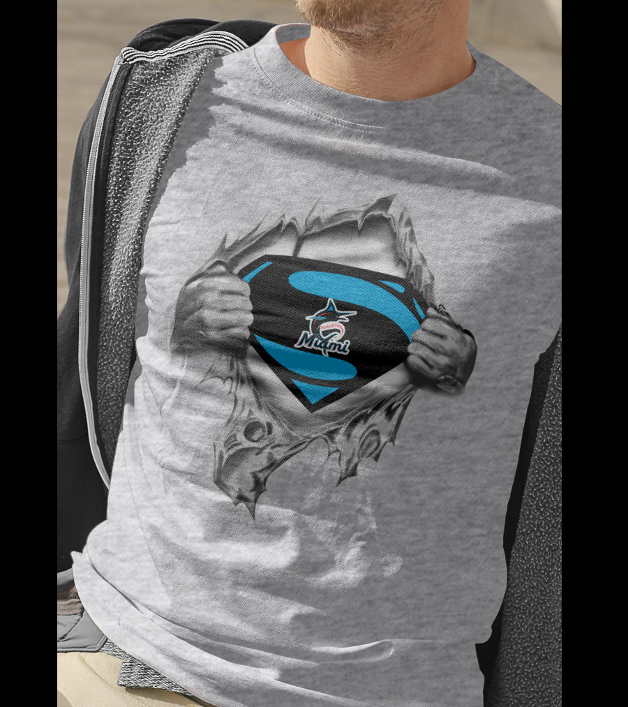 Miami Marlins Superman Emblem With Torn Fabric T-Shirt
