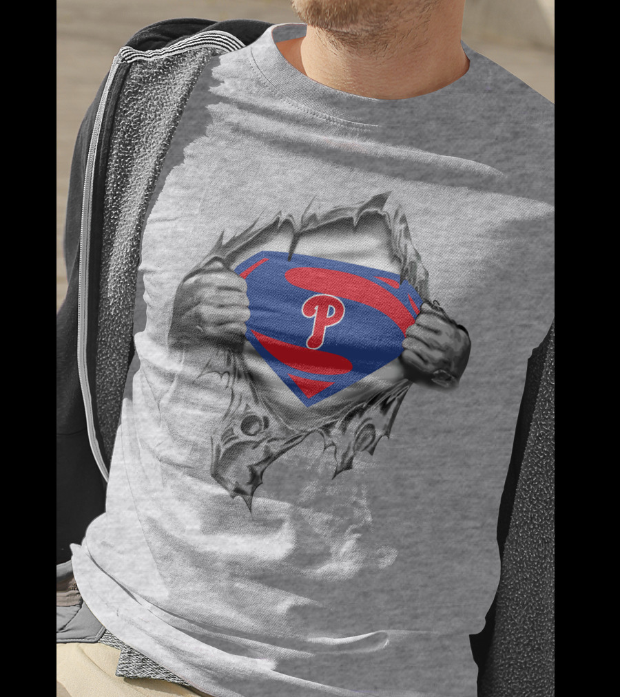 Phillies Superman Logo Tear Gray T-Shirt