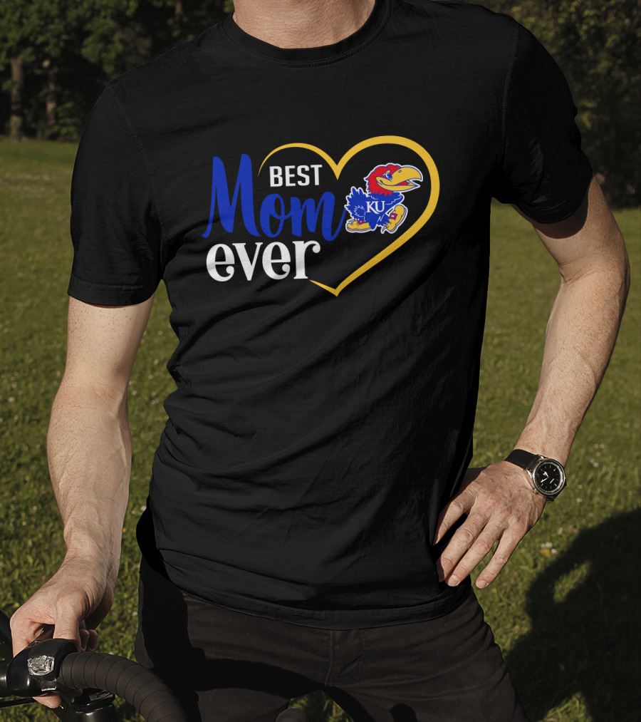 Kansas Jayhawks Best Mom Ever Heart Emblem Ku T-Shirt