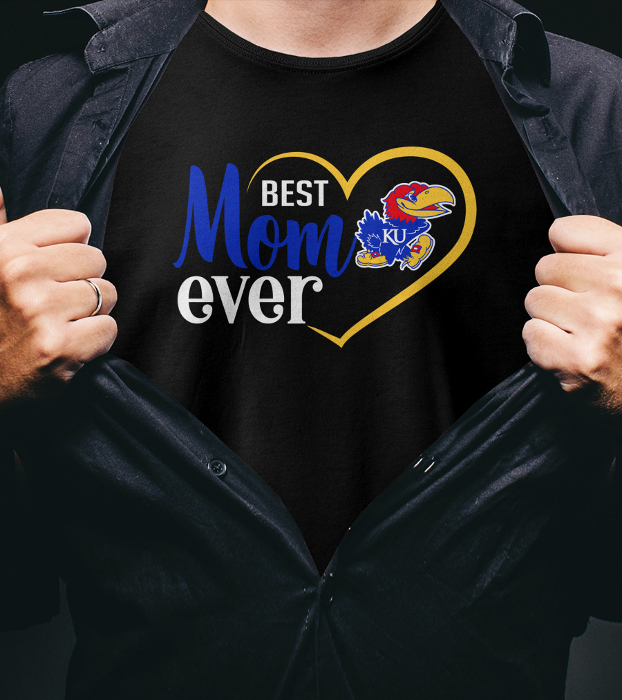 Kansas Jayhawks Best Mom Ever Heart Emblem Ku T-Shirt