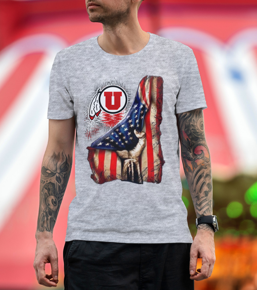 Utah Utes American Flag Background And Hand T-Shirt