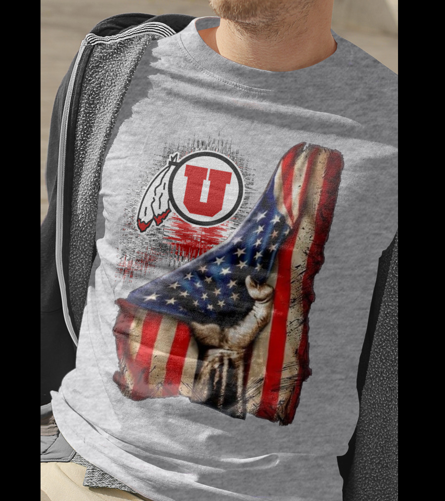 Utah Utes American Flag Background And Hand T-Shirt