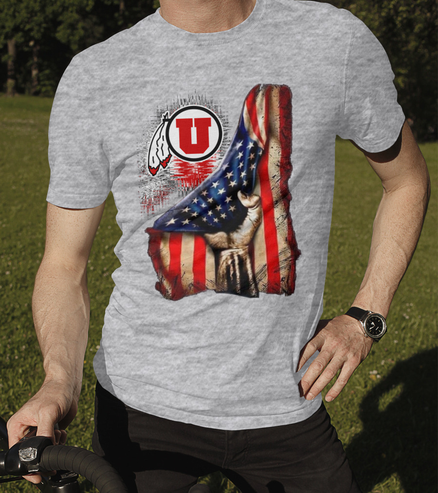 Utah Utes American Flag Background And Hand T-Shirt