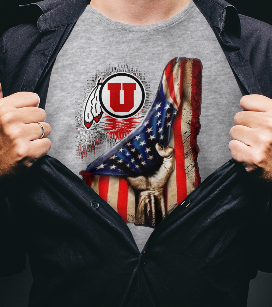 Utah Utes American Flag Background And Hand T-Shirt