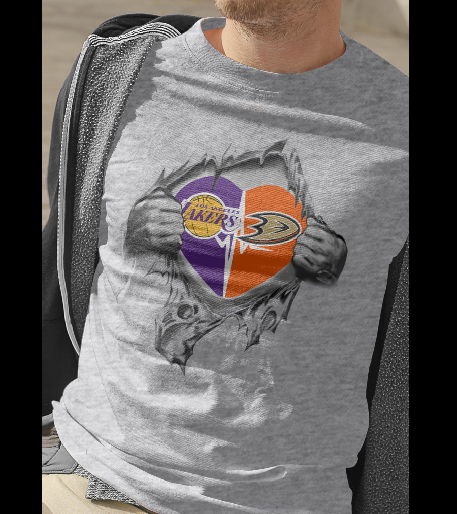 Los Angeles Lakers Anaheim Ducks Heart Torn Metal T-Shirt