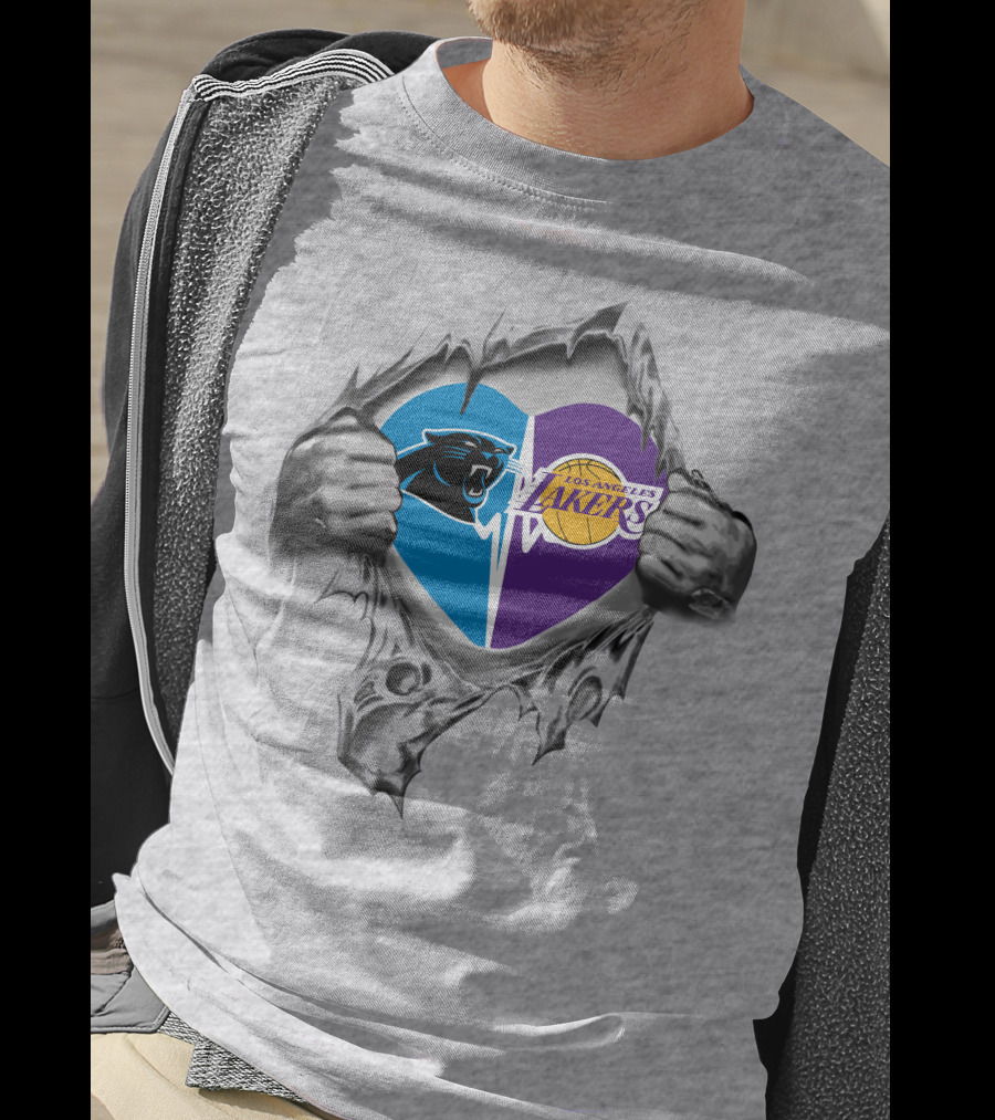 Lakers Carolina Panthers Heart Tear Logo Combo T-Shirt