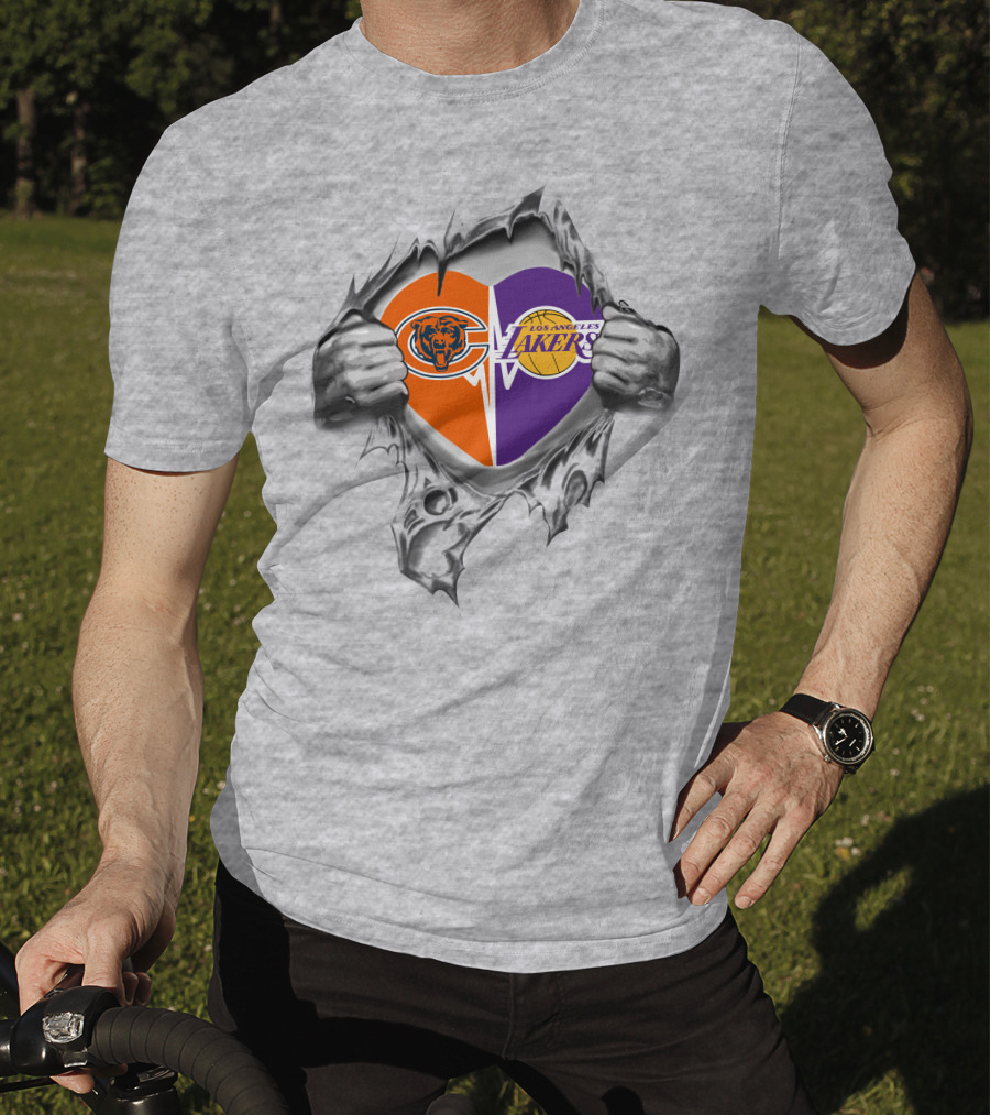 Chicago Bears Los Angeles Lakers Heart Symbol With Tearing Hands T-Shirt