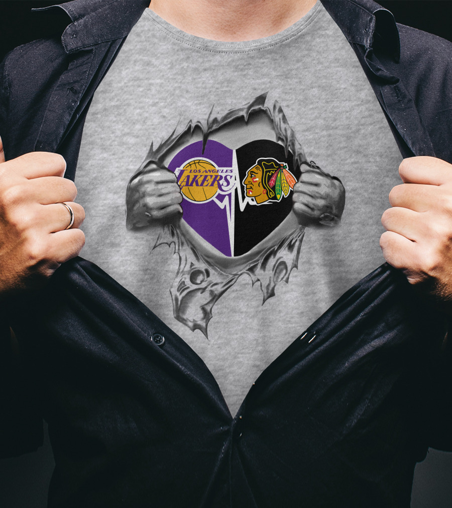 Los Angeles Lakers Chicago Blackhawks Heart Logo Fusion T-Shirt