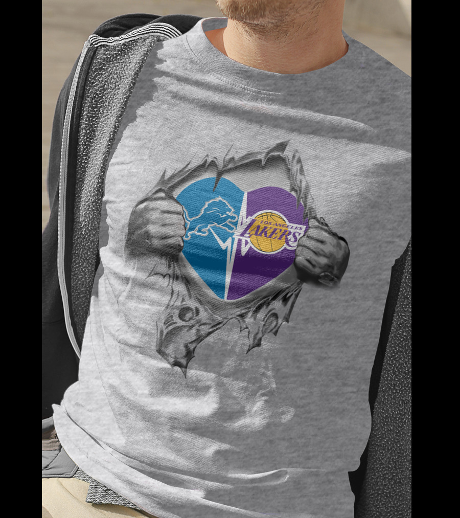 Los Angeles Lakers Detroit Lions Heart Symbol With Torn Metal Effect T-Shirt