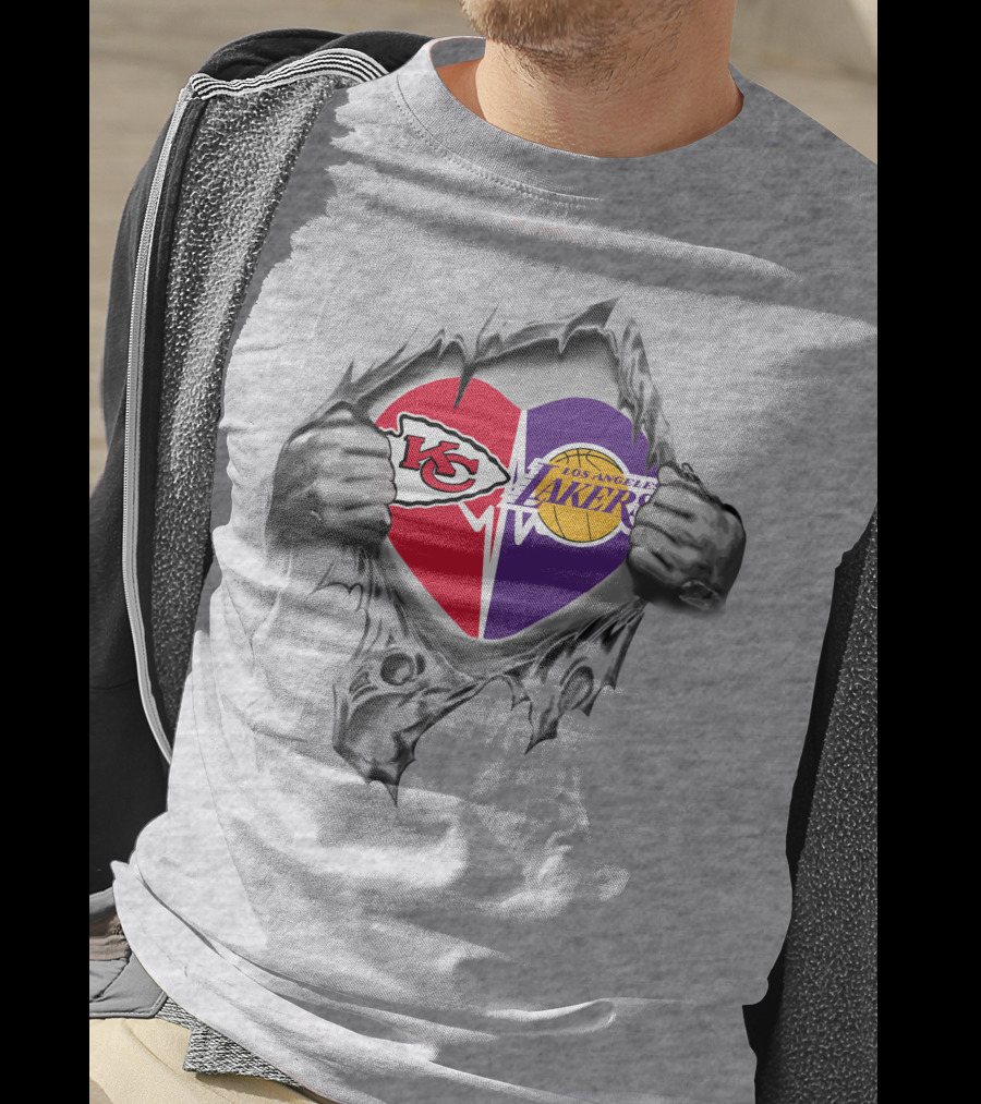 Kansas City Chiefs Los Angeles Lakers Heart Logo With Hands Ripping Through T-Shirt